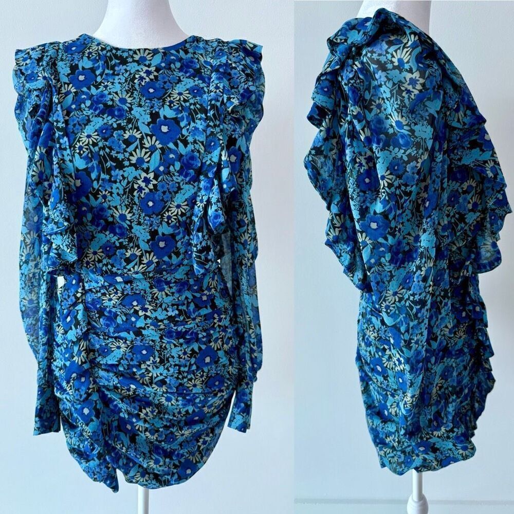 🦋 ZARA Blogger Favorite Draped Romantic Ruffle Ruching Keyhole Floral Mini Dress - Picture 2 of 15